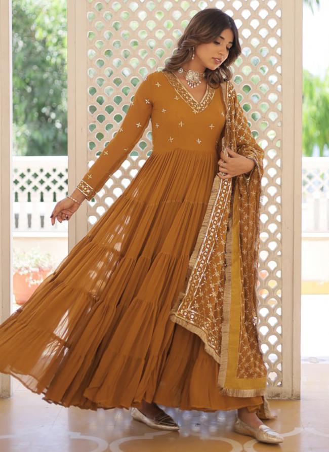 Faux Georgette Mustard Party Wear Embroidery Work Readymade Gown With Dupatta